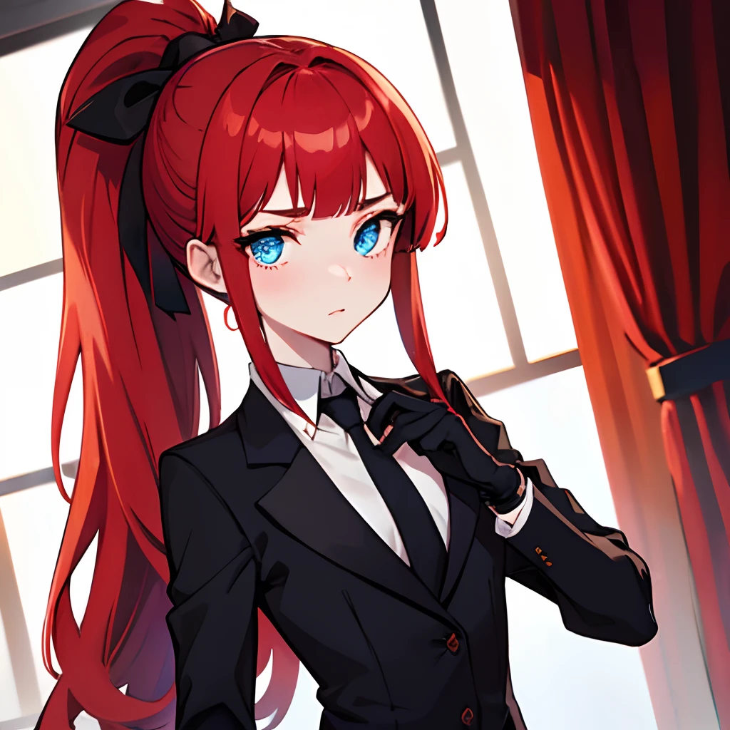 1girl, red hair, long hair, sidelocks, blunt bangs, blue eyes, blush, pale skin, flat chest, uit, formal wear, black gloves, tie, ponytail