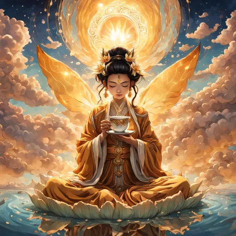 A being, radiating warmth and wisdom, gently sips hot tea from a delicate cup, in a flying lotus. As the lotus floats gracefully...