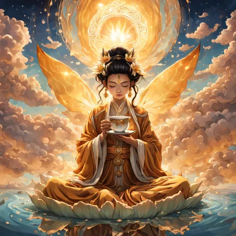 a being, radiating warmth and wisdom, gently sips hot tea from a delicate cup, in a flying lotus. as the lotus floats gracefully...