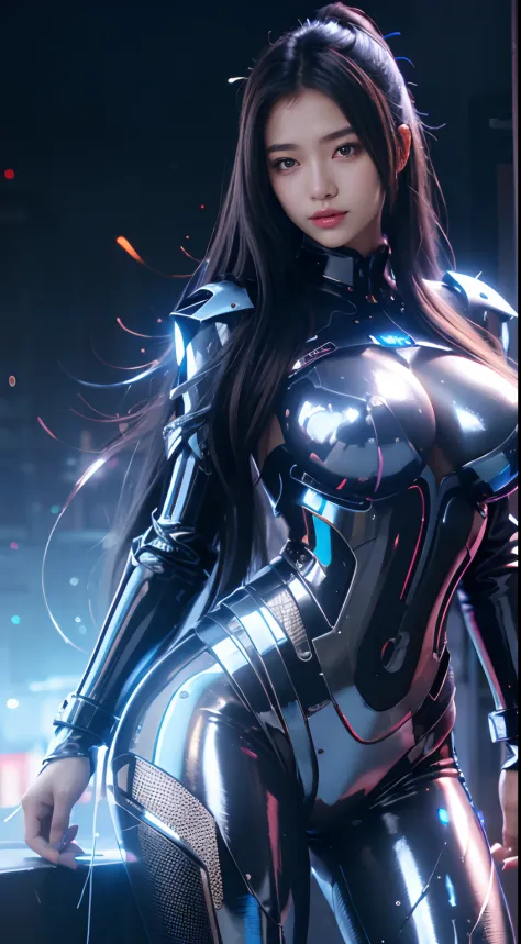 tmasterpiece，Best quality，Heavy fog，Shine，glitters，Erotic poses
1 girl，Big breasts girl，mechs，beautiful light up，（neonlight：1.2），（the night：1.5），Blue cyan tones，Show your thighs，lens flare glow