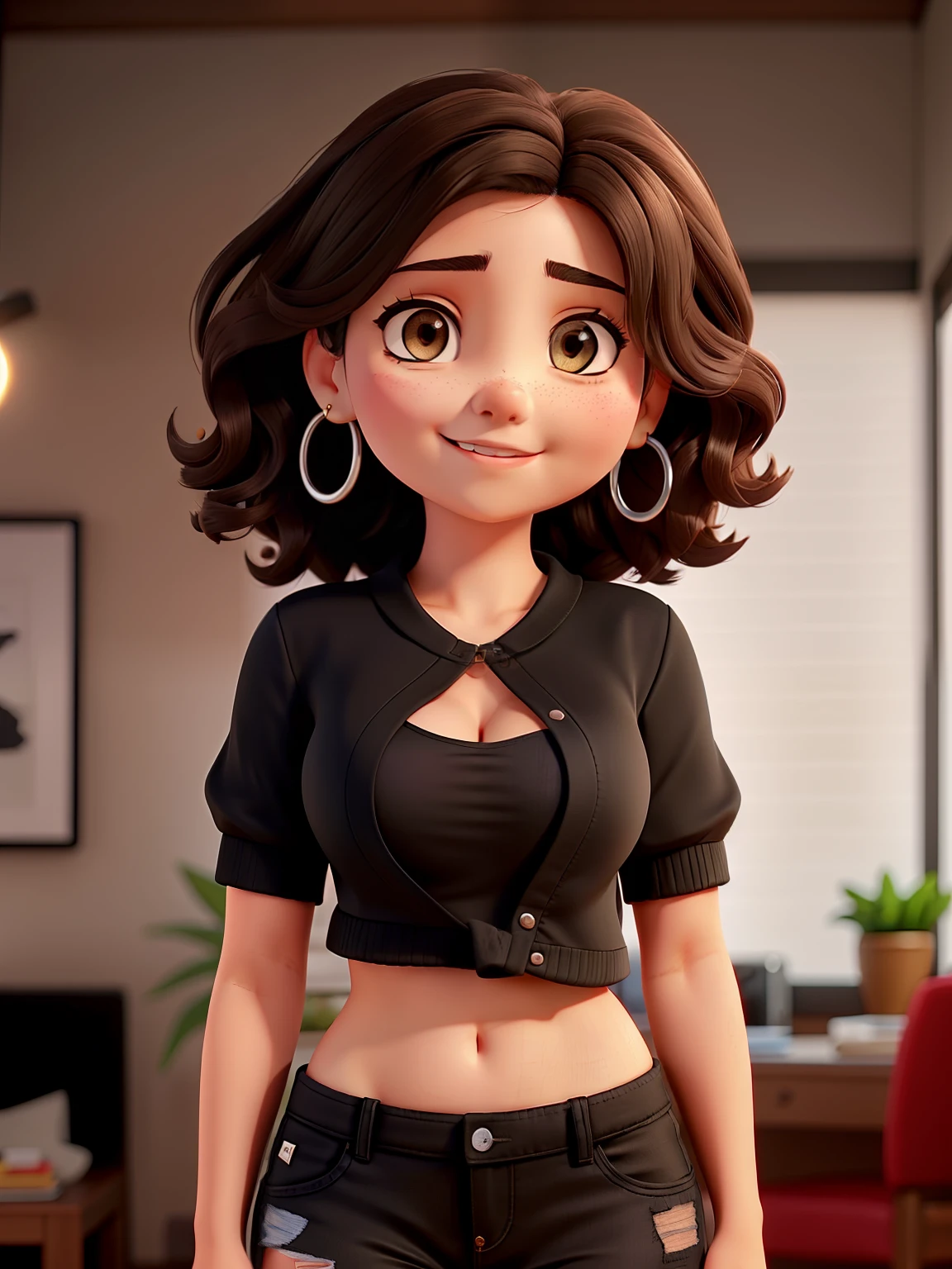 A cartoon girl in a black top and black shorts standing in a room - SeaArt  AI