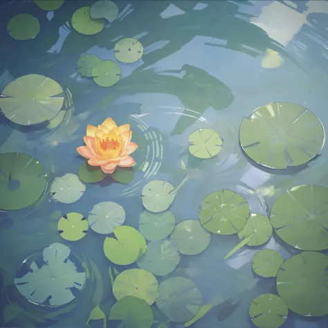 there are water lily leaves in the pool, ponds, in the pond, water light caustics, pools, there are fish swimming，top - down pho...