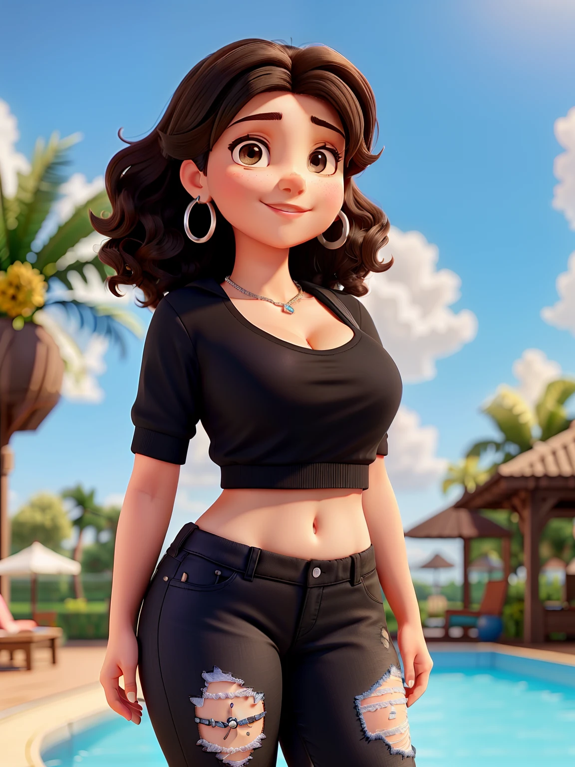 A woman in black top and ripped jeans standing next to a pool - SeaArt AI