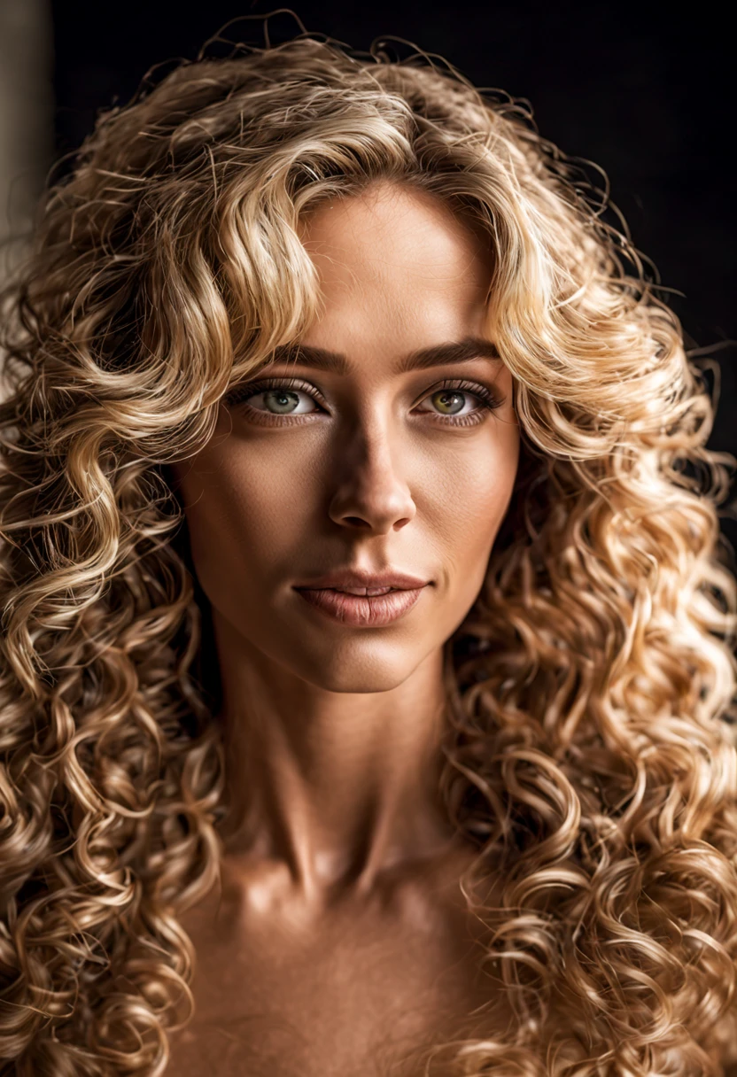 ((half body)) portrait photo of a beautiful 25 years european woman, endless long (extra long curly blonde hair), [[[[chest]]]] [[[[neck]]] [shoulders]]]]], Award - winning photograph, Masterpiece, 8k, ultra high res, hyper detailed, beautiful woman, perfect face, rule of thirds, Perfect eyes, Perfect iris, perfect pupils, (perfectly round iris:1.3), Perfect lips, Perfect teeth, dimples, perfect nose, highly detailed hair, ((detailed face)), ((detailed facial features)), (finely detailed skin), tanned skin, realistic skin texture, extreme skin details, (pores:0.1),(sweaty:0.8), insane details, intricate details, amazing fine detail, photorealistic, photograph, photorealism, rich colors, lifelike texture, neutral colors, Soft front light,cinematic lighting, dramatic lighting,dappled light on face, backlight on hair, sharp focus, wide angle, film grain, dslr, raw photo, photographed on Nikon