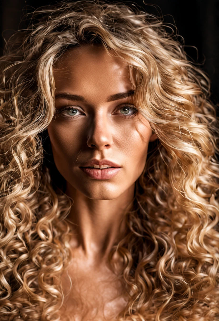 ((half body)) portrait photo of a beautiful 25 years european woman, endless long (extra long curly blonde hair), [[[[chest]]]] [[[[neck]]] [shoulders]]]]], Award - winning photograph, Masterpiece, 8k, ultra high res, hyper detailed, beautiful woman, perfect face, rule of thirds, Perfect eyes, Perfect iris, perfect pupils, (perfectly round iris:1.3), Perfect lips, Perfect teeth, dimples, perfect nose, highly detailed hair, ((detailed face)), ((detailed facial features)), (finely detailed skin), tanned skin, realistic skin texture, extreme skin details, (pores:0.1),(sweaty:0.8), insane details, intricate details, amazing fine detail, photorealistic, photograph, photorealism, rich colors, lifelike texture, neutral colors, Soft front light,cinematic lighting, dramatic lighting,dappled light on face, backlight on hair, sharp focus, wide angle, film grain, dslr, raw photo, photographed on Nikon