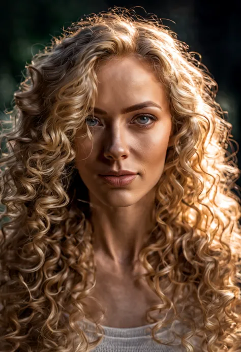 ((half body)) portrait photo of a beautiful 25 years european woman, endless long (extra long curly blonde hair),  Award - winni...