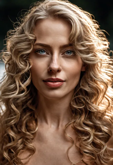 ((half body)) portrait photo of a beautiful 25 years european woman, endless long (extra long curly blonde hair),  Award - winni...
