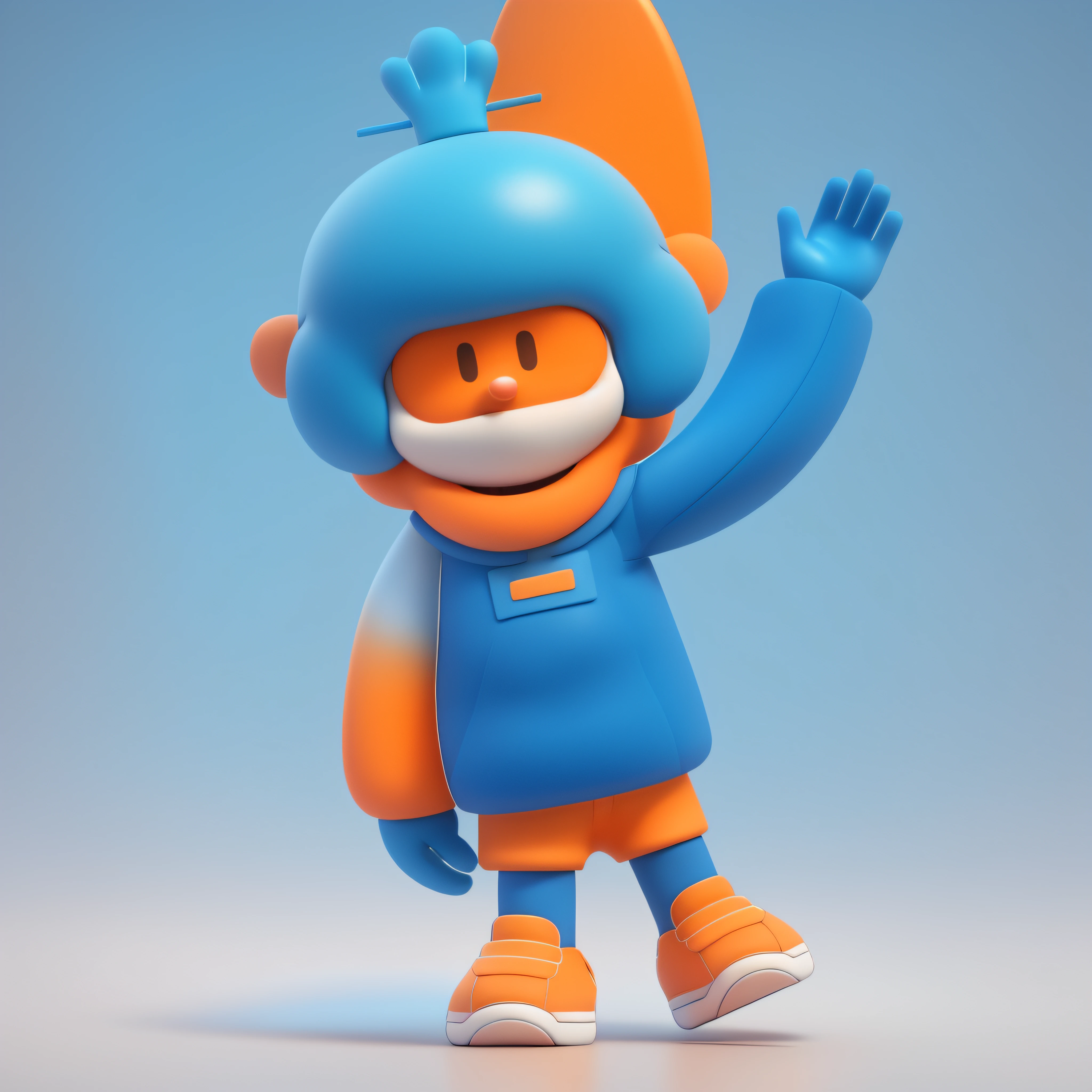 Cartoon image of a boy in a blue color costume waving his hands, in orange clothes, blue head，blue short pants，sports mascot, an animated character, wearing track and field suit, character is standing, blippi, full body mascot, japanese mascot, dancing character, The clown waved hello, coloured in blueberra and orange, character with a hat, Blue-orange, merged character, mascot illustrations, ssmile, full body mascot, an animated character, videogame character, animation style render, Stylized 3D, arnold maya render, 3 d render stylized, toon render keyshot, 3d character, 3d character, 3D rendering stylized, 3 d character render, cartoon character, Close-up characters, Character pose, (pixar-style) (Master parts:1.2) (Bokeh) (Best quality) (Detailed skins) (Detail texture) (8K) (Clay) (Cinematic lighting) (foco nítido）