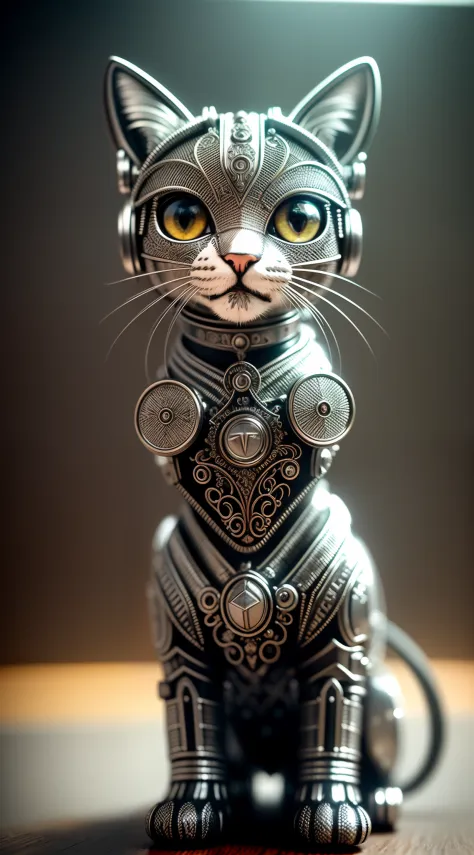 a cute kitten made out of metal, (Cyborg:1.1), ([Tail | detailed wire]:1.3), (Intricate details), hdr, (Intricate details, ultra - detailed:1.2), cinema shot, Vignette, Centered
