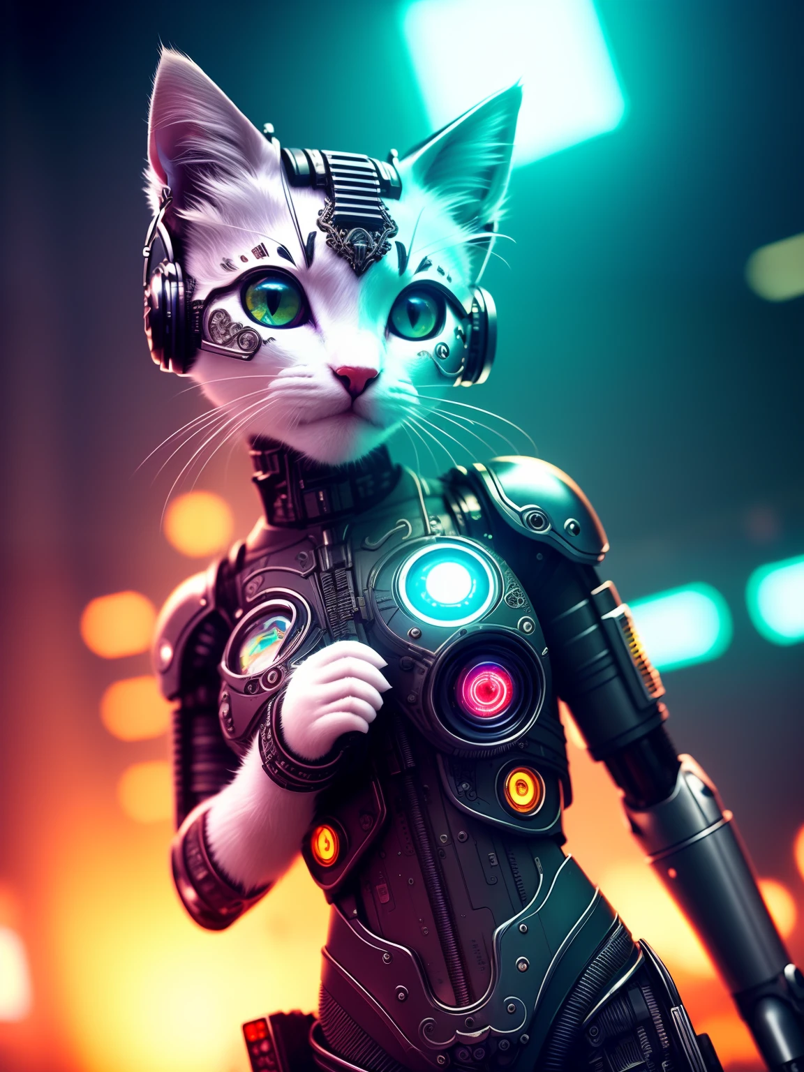 a cute kitten made out of metal, Cyborg, Cyberpunk Style, ((Intricate details)), hdr, ((Intricate details, ultra - detailed)), cinema shot, Vignette