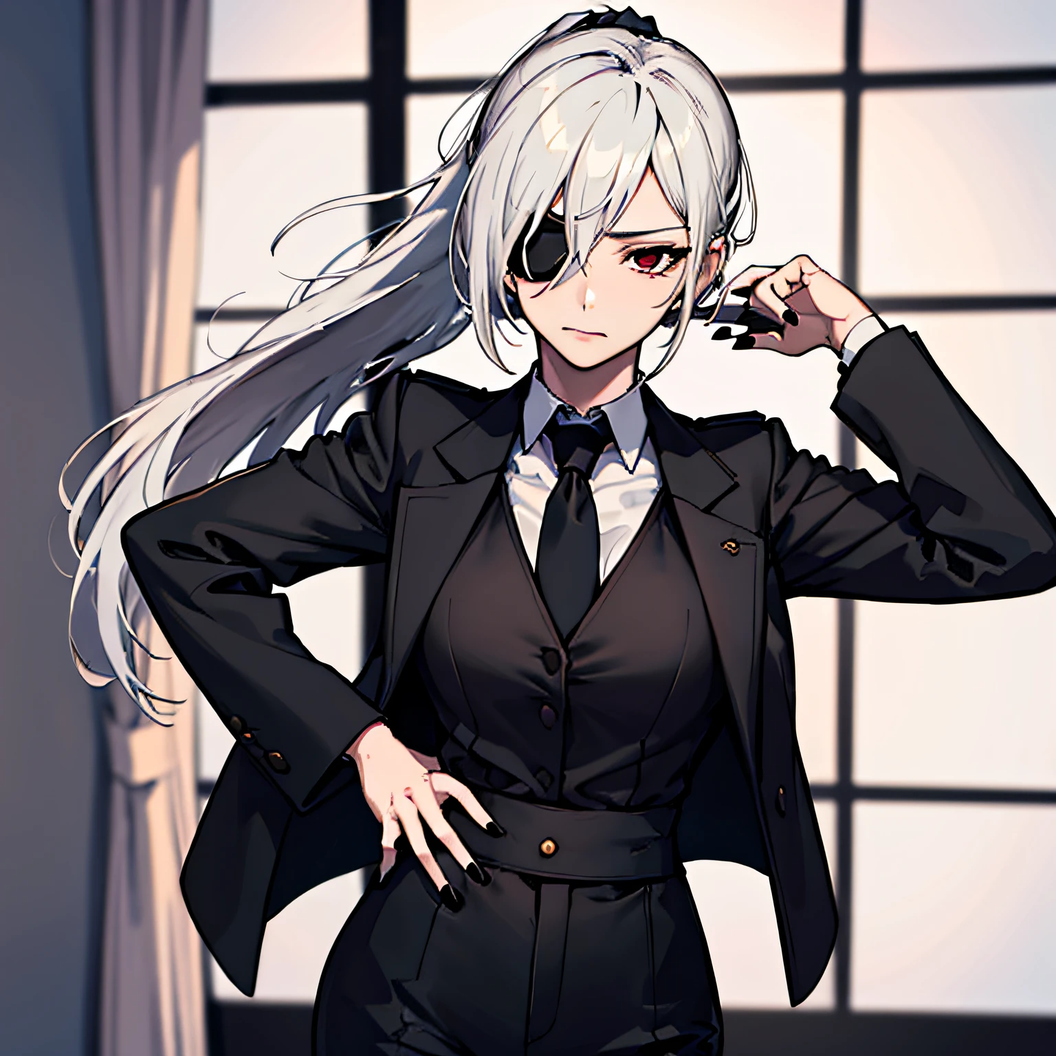 (absurdres, 8k, 4k, masterpiece, hyper extreme detailed:1.2), solo, 1girl, front view portrait, best quality, expressive eyes, perfect face, 1girl, portrait, solo, Female, mature female, adult, pale skin, black nails, white skin, black ribbon, red eyes, black eyepatch, annoyed, armor, swept bangs, side bangs, messy hair, long hair, hair covering forehead, perfect anatomy, anatomically correct, looking forward, forward view, expressive eyes, perfect eyes, quanxi, ponytail, eyepatch, Zero, full body, hand on hip, covered breasts, right hand on head, left hand on hip, solo, leaning back, window background, armor, black jacket, necktie, black pants