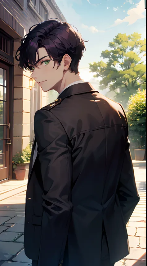 Adult boy, two block haircut, dark purple hair, short hair, green eyes, almond little eyes, prince, ikemen, handsome, death stare, cool, messy, looking you, elegant clothes, smile, fancy black jacket on his shoulders, kingdom, sunny day, golden hour, garde...