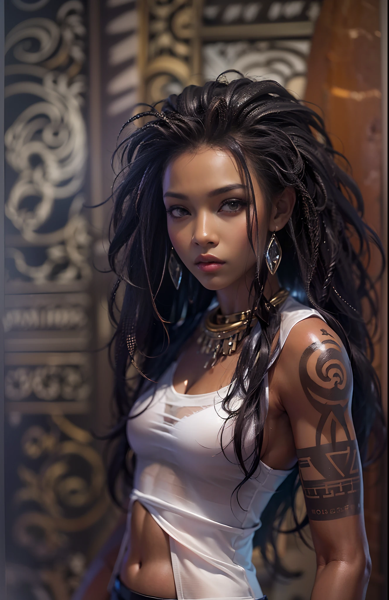 ((21-year-old))) black girl, (((light skin))),  (((close-up full body pose))),  (((long wavy black hair))), (((silk thigh highs with skimpy shorts))), (((wearing post-apocalyptic clothing, short sleeve white shirt, unbuttoned half way))), african tribal tattoo sleeve, dark fantasy art, Rich, Deep Colours, (intricate details:0.9), (HDR, hyper-detailing:1.2), (natural skin textures, hyper realisitc, soft light, Sharp),