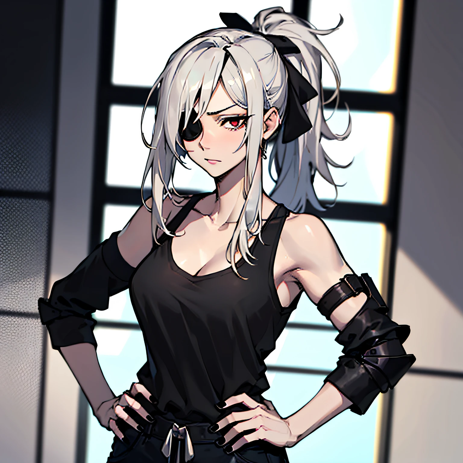 (absurdres, 8k, 4k, masterpiece, hyper extreme detailed:1.2), solo, 1girl, front view portrait, best quality, expressive eyes, perfect face, 1girl, portrait, solo, Female, mature female, adult, pale skin, black nails, white skin, black ribbon, red eyes, black eyepatch, annoyed, armor, swept bangs, side bangs, messy hair, long hair, hair covering forehead, perfect anatomy, anatomically correct, looking forward, forward view, expressive eyes, perfect eyes, quanxi, ponytail, eyepatch, Zero, full body, hand on hip, covered breasts, right hand on head, left hand on hip, solo, leaning back, window background, black tank top, pants, black jacket, armor