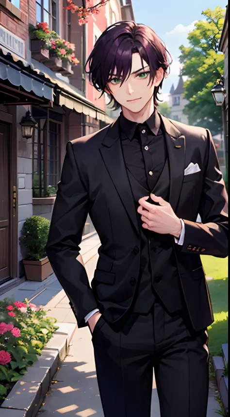 Adult boy, two block haircut, dark purple hair, short hair, green eyes, almond little eyes, prince, ikemen, handsome, death stare, cool, smirk, messy, looking you, elegant clothes, fancy black jacket on his shoulders, kingdom, sunny day, golden hour, garde...