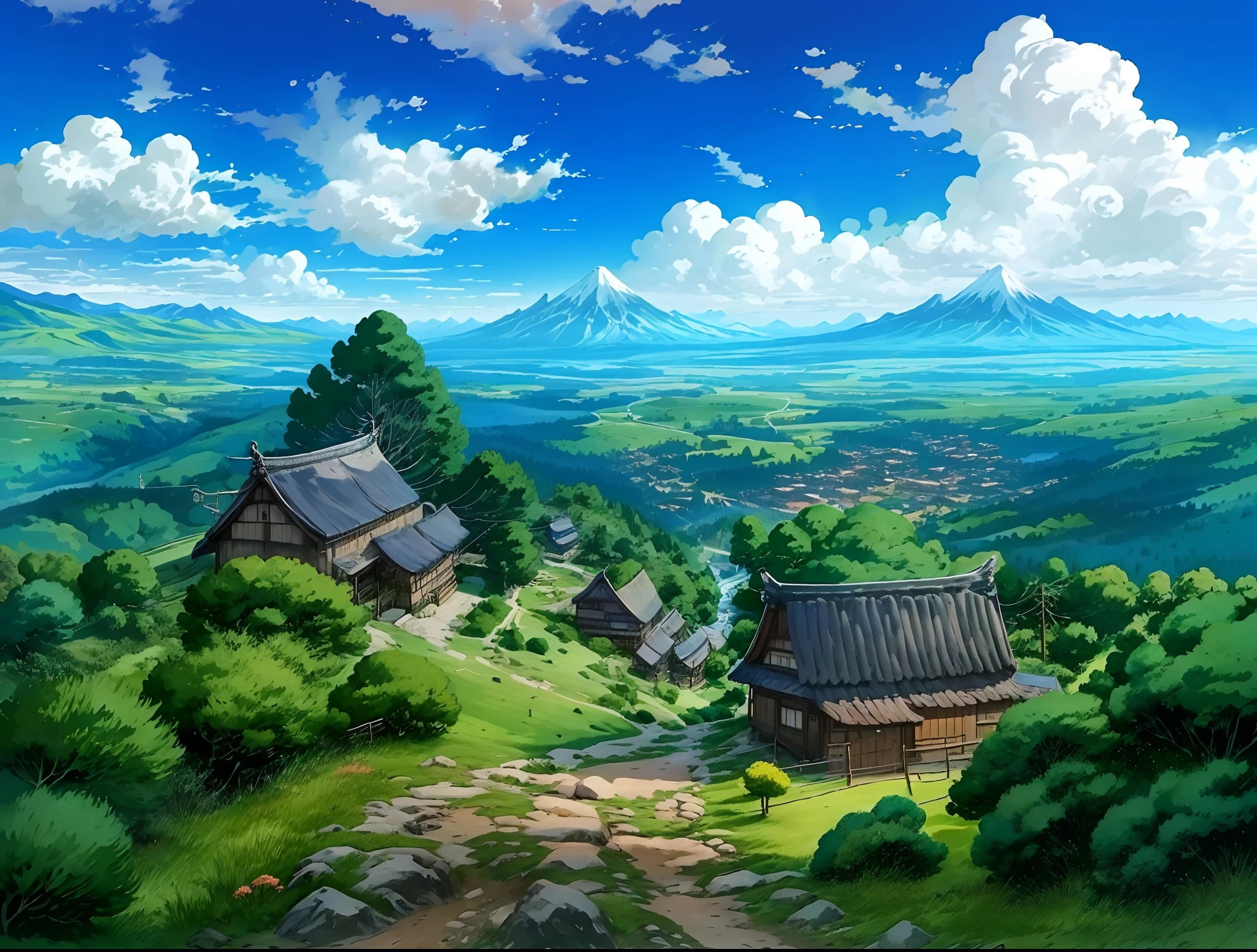 paysage animé of a village with a mountain in the background, paysage de campagne animé, beautiful paysage animé, paysage animé, paysage animé, paysage animé wallpaper, Art de fond d’anime, Paysage détaillé — largeur 672, anime belle scène de paix, belle scène d&#39;anime, paysage animé concept art, paysage des studios Ghibli, oeuvre de paysage, héroïne japon paysage vif, environnement des studios Ghibli, fond de village lointain