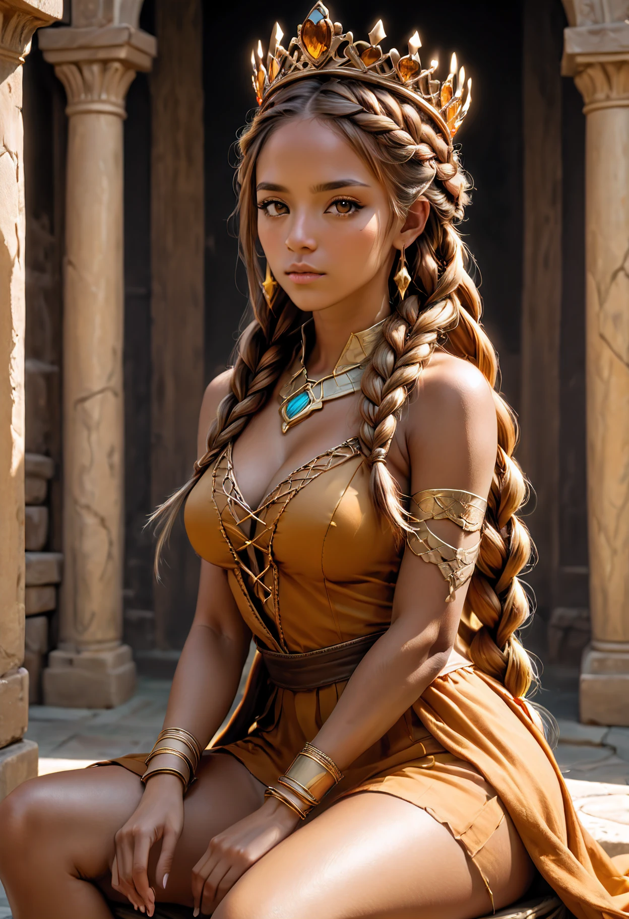 1girl, female, woman,full body, Mythic Fantasy , Seated Pose, La Paz Siesta color, Honey Brown Half-Up Braided Crown with amber highlights, Soft Light, ultra high detail, ultra HD, true 4K