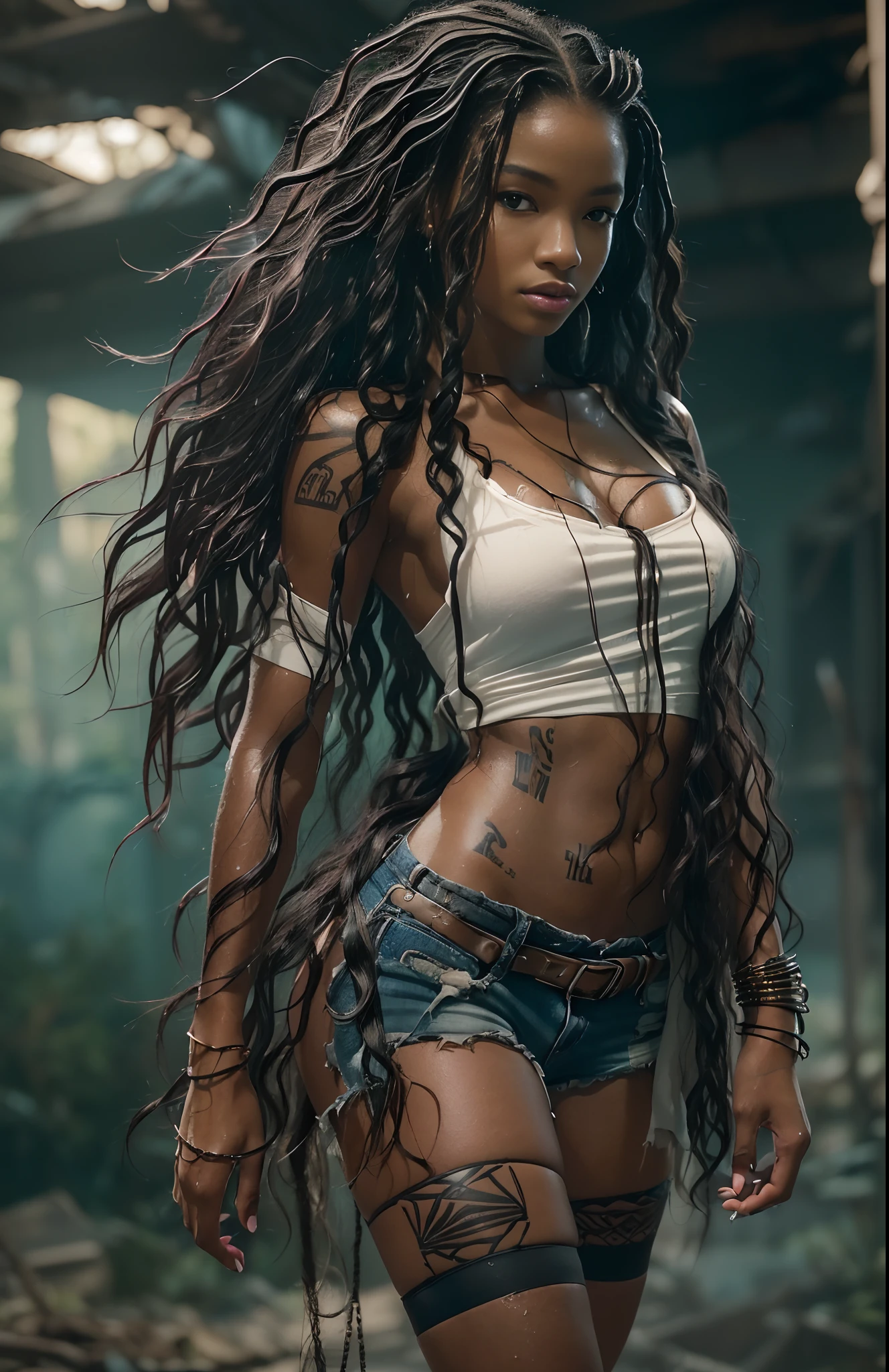 ((21-year-old))) black girl, (((light skin))),  (((close-up full body pose))),  (((long wavy black hair))), (((ripped silk thigh highs with skimpy shorts))), (((wearing post-apocalyptic clothing, white shirt, unbuttoned half way))), african tribal tattoo sleeve, dark fantasy art, Rich, Deep Colours, (intricate details:0.9), (HDR, hyper-detailing:1.2), (natural skin textures, hyper realisitc, wet skin, soft light, Sharp),