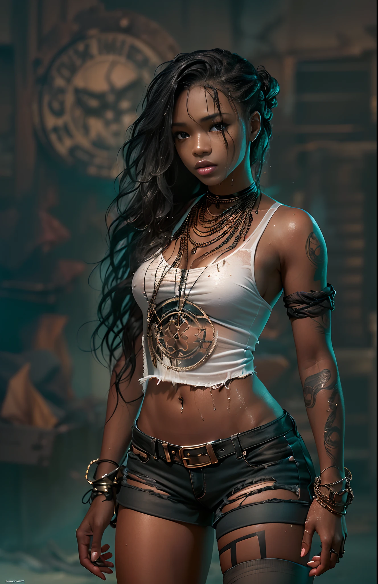 ((21-year-old))) black girl, (((light skin))),  (((close-up full body pose))),  (((long wavy black hair))), (((ripped silk thigh highs with skimpy shorts))), (((wearing post-apocalyptic clothing, white shirt, unbuttoned half way))), african tribal tattoo sleeve, dark fantasy art, Rich, Deep Colours, (intricate details:0.9), (HDR, hyper-detailing:1.2), (natural skin textures, hyper realisitc, wet skin, soft light, Sharp),