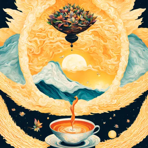 A being, radiating warmth and wisdom, gently sips hot tea from a delicate cup, sitting atop a flying lotus. As the lotus floats ...