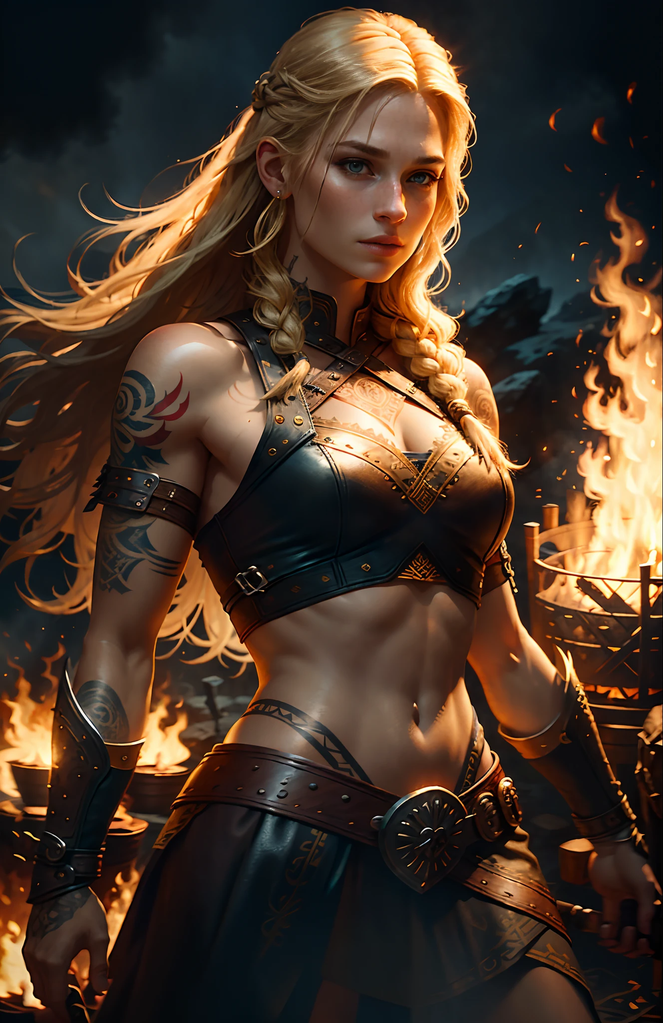 Movie poster, female viking warrior with viking style tattoo, long blonde hair, delicate face, night, great bonfire on background, leather outfit, rich details, intricate details, volumetric light, 16K, hyper realistic, realistic textures