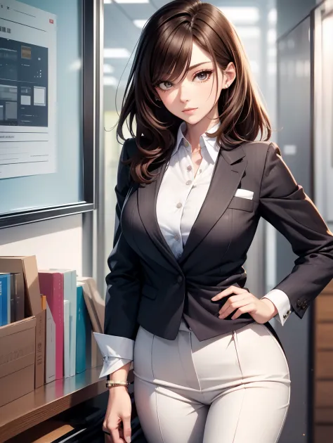 Best Quality, masutepiece, beautiful mature women、Beautiful face、Strong-minded woman、Dark blue office suit、White trousers、brown haired、(Brown-eyed)、Longhaire、Undersized eyes、Full body like、