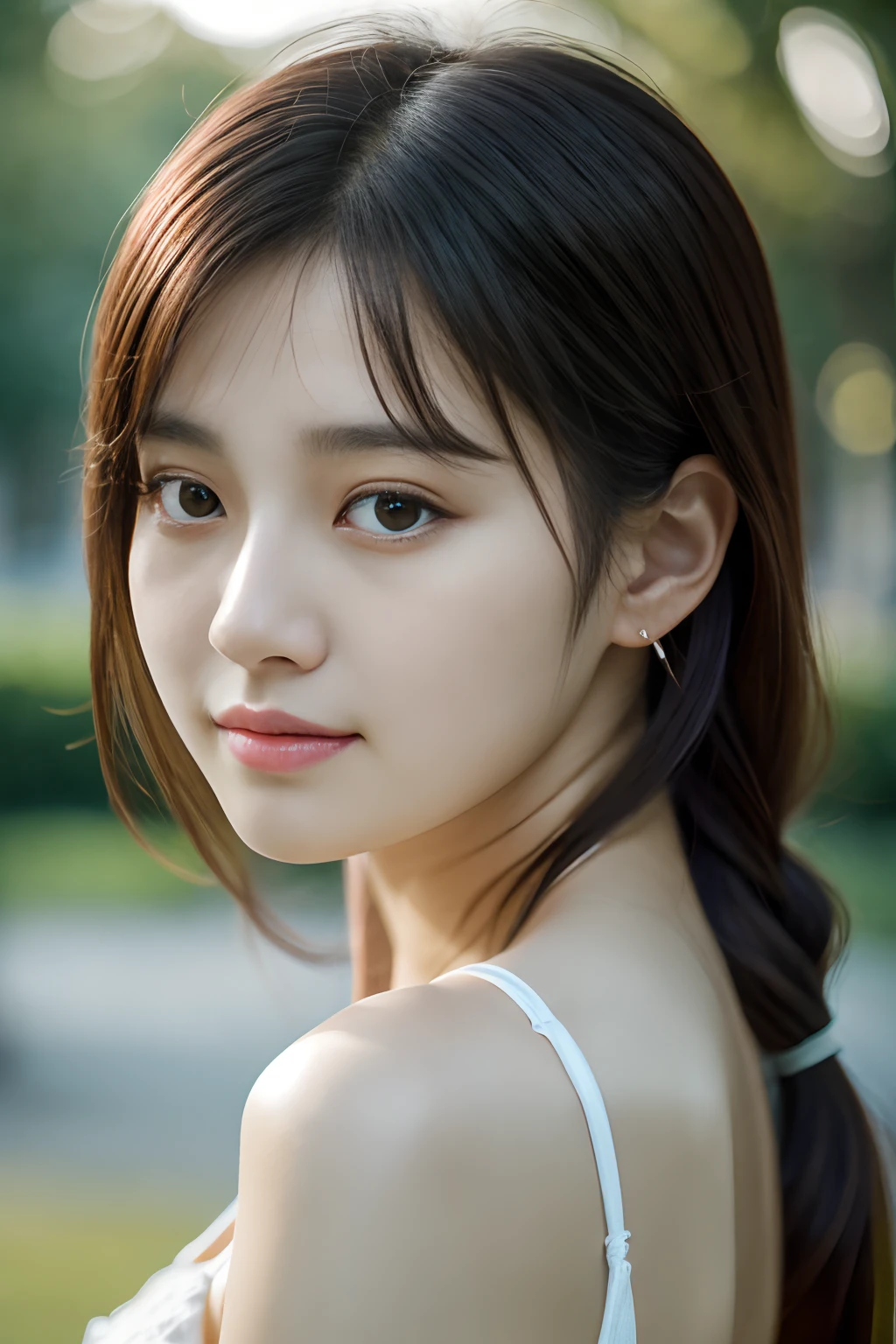 4k, high-res, best quality, (Korean idol), finely detailed skin, smooth face, sharp focus, (cinematic lighting), soft lighting, dynamic angle, [:(detailed face:1.2):0.3], A young Korean woman relaxing at park, korean,