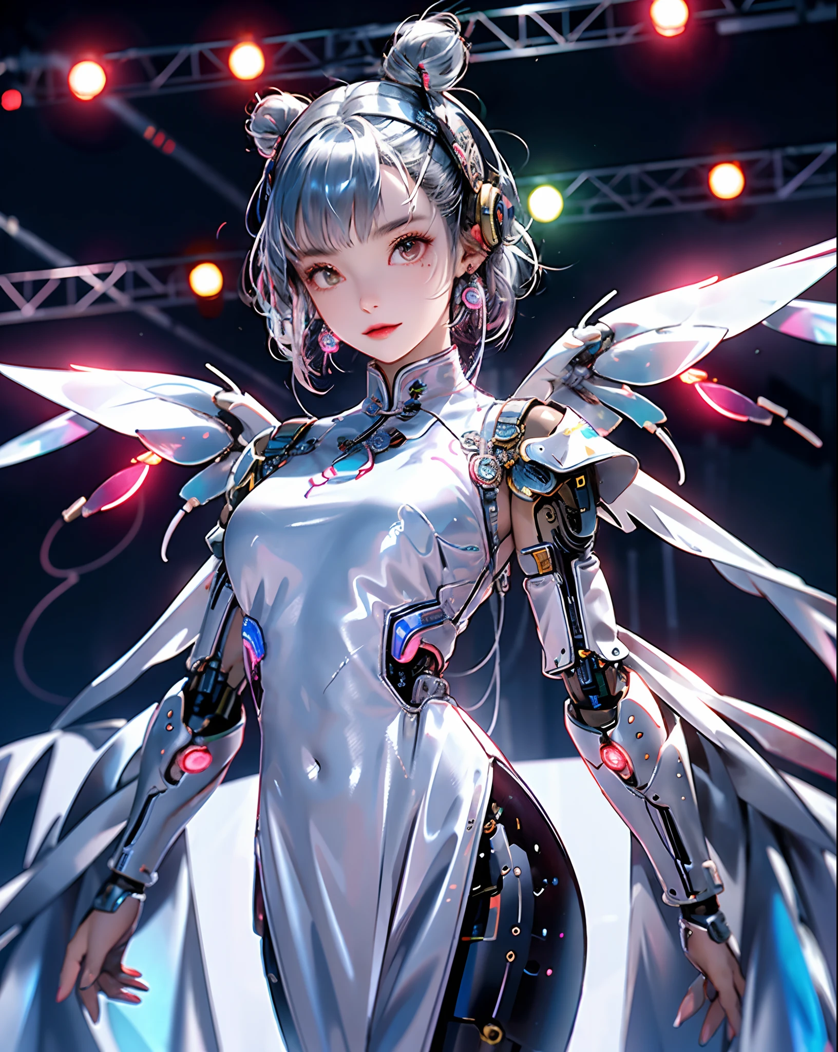 1 Mädchen, Chinesisch_Kleidung, flüssiges Silber und Pink, cyberhan, Cheongsam, wings, Cyberpunk City, dynamische pose, leuchtender Kopfhörer, leuchtende Haar-Accessoires, lange Haare, leuchtende Ohrringe, leuchtende Halskette, Cyberpunk, Hightech-Stadt, voller mechanischer und futuristischer Elemente, futuristisch, Technologie, leuchtendes Neon, Rosa, Rosa light, transparenter Tüll, transparente Luftschlangen, laser, digitaler hintergrund urban himmel, großer Mond, mit Fahrzeug, beste Qualität, Tischplatte, 8K, Zeichenrandlicht, sehr hohe Detailgenauigkeit, gute Qualität, die schönste Frau unter den Menschen, leicht lächelnd, Gesicht nach vorne gerichtet und links und rechts Symmetrie, Ohrschmuck, schöne Pupillenlichteffekte, visuelle Daten, silberweißes Haar, leuchtende Uhr