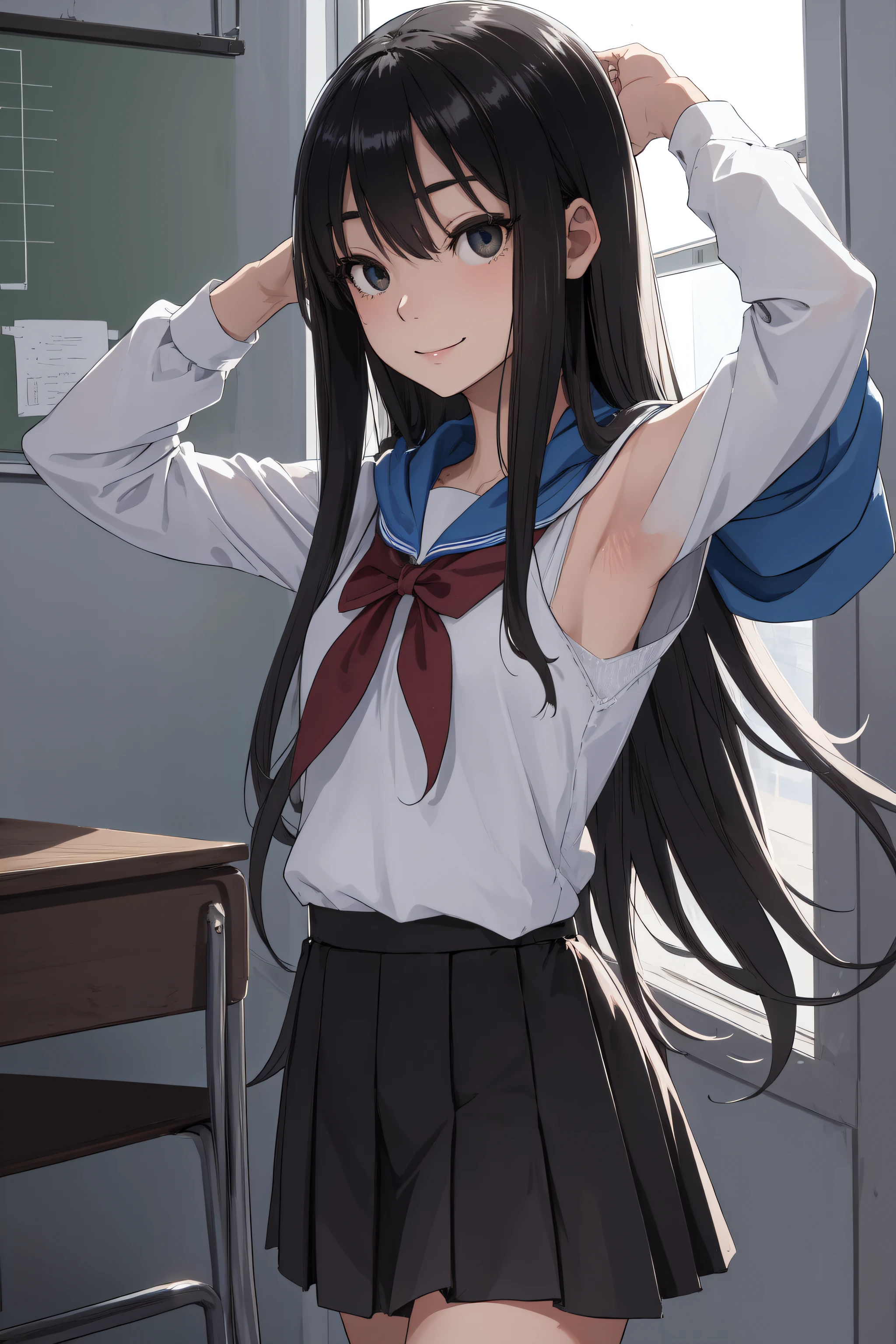 Chica anime con cabello largo y negro en uniforme escolar. - SeaArt AI