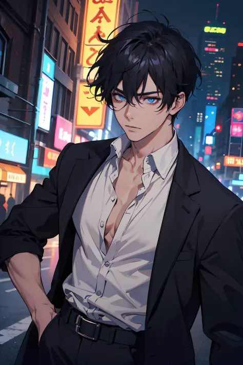 (absurdres, highres, ultra detailed, anime style, original character), 1boy, adult, handsome, tall muscular guy, broad shoulders, finely detailed eyes, black hair, short hair, hair between eyes, crystal blue eyes, holographic, black coat, gun holster, ches...