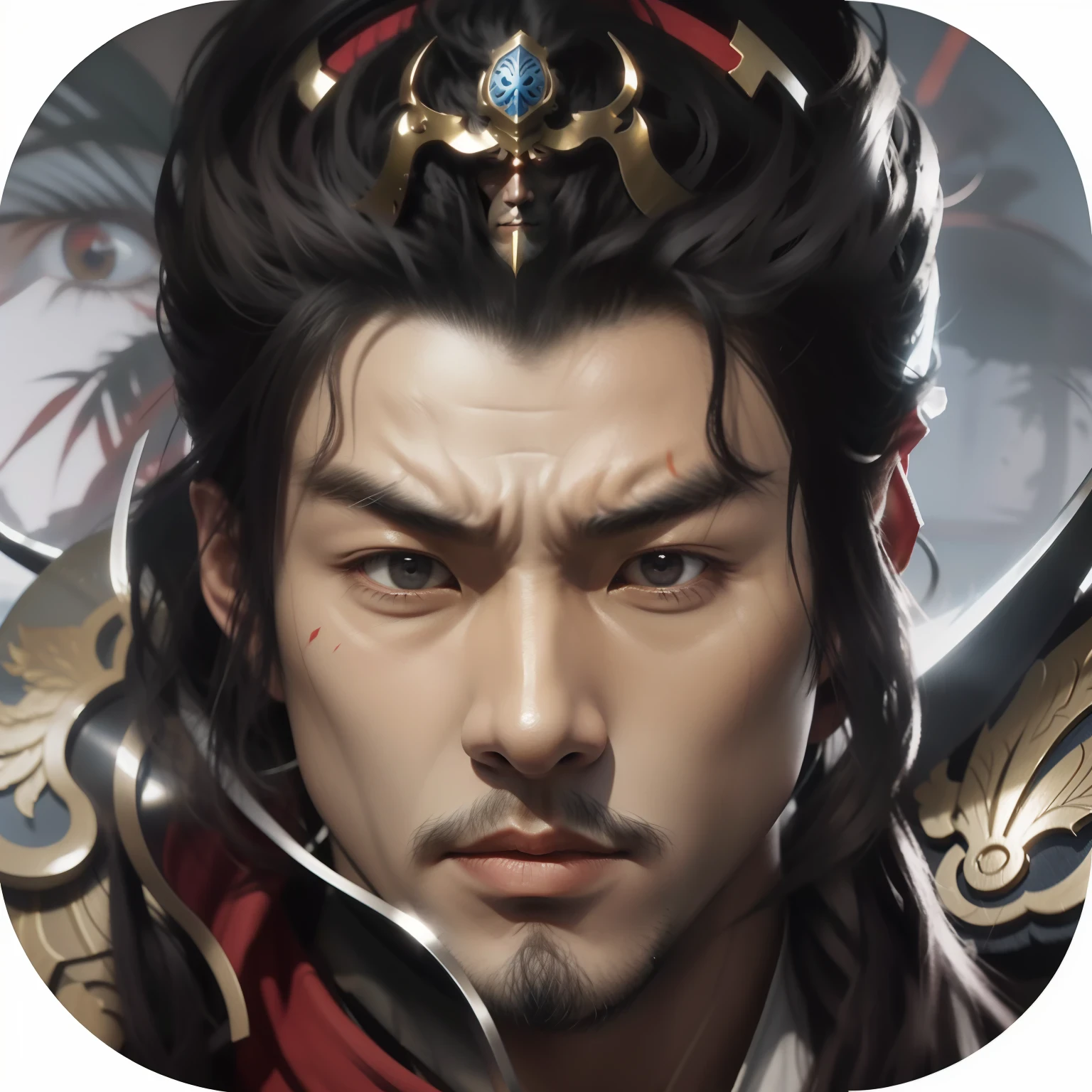 Close-up of a man with a sword and helmet, zhao yun, inspired by Li Kan, heise jinyao, bian lian, Inspired by Huang Shen, rugged skin，angry look，His face was stained with gray dirt，Dust on the face，xianxia hero, chinese three kingdoms, Inspired by Zhao Yuan, Inspired by Hu Zaobin, Inspired by Seki Dosheng, inspired by Guo Chun, Avatar image，angry, serious, scowl