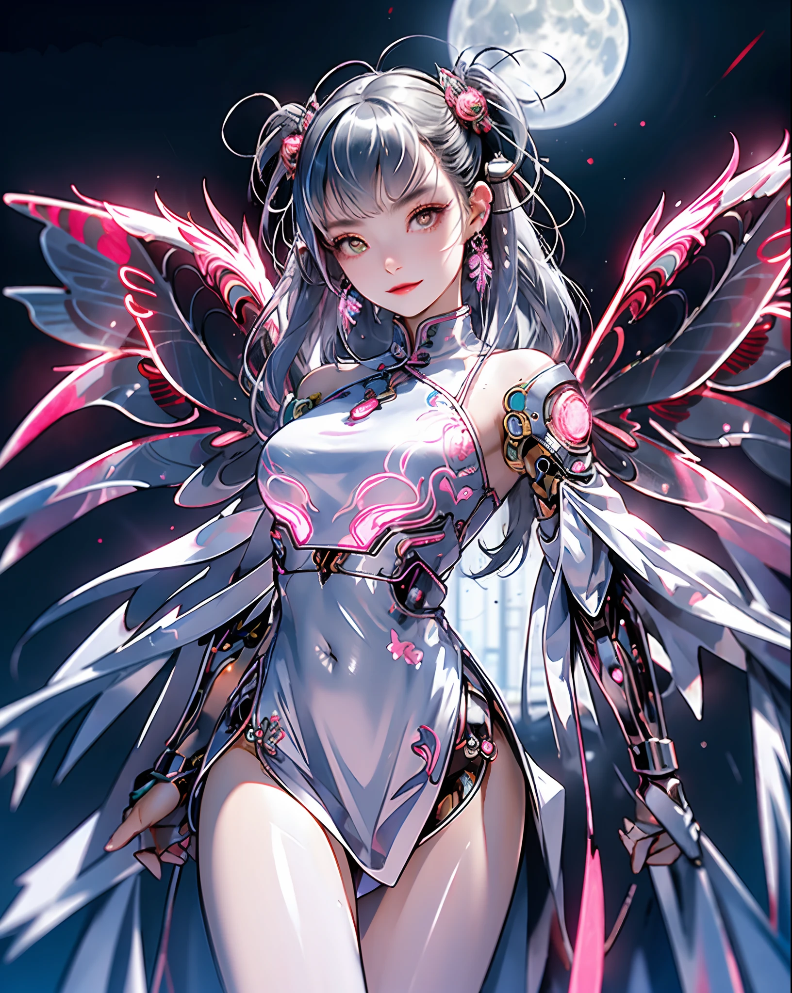 1 fille, Chinois_vêtements, argent liquide et rose, cyberhan, cheongsam, (ailes:1.4), cyberpunk City, pose dynamique, casque lumineux, accessoires pour cheveux brillants, cheveux longs, boucles d&#39;oreilles lumineuses, collier lumineux, cyberpunk, ville de haute technologie, plein d&#39;éléments mécaniques et futuristes, futuriste, technologie, néon brillant, rose, rose light, tulle transparent, Banderoles transparentes, laser, ciel urbain de fond numérique, grande lune, avec véhicule, Meilleure qualité, dessus de la table, 8k, lumière de bord de personnage, très détaillé, Haute qualité, la plus belle femme des êtres humains, souriant légèrement, visage tourné vers l&#39;avant et symétrie gauche et droite, décoration d&#39;oreille, beaux effets de lumière sur les pupilles, données visuelles, cheveux blanc argenté, montre lumineuse