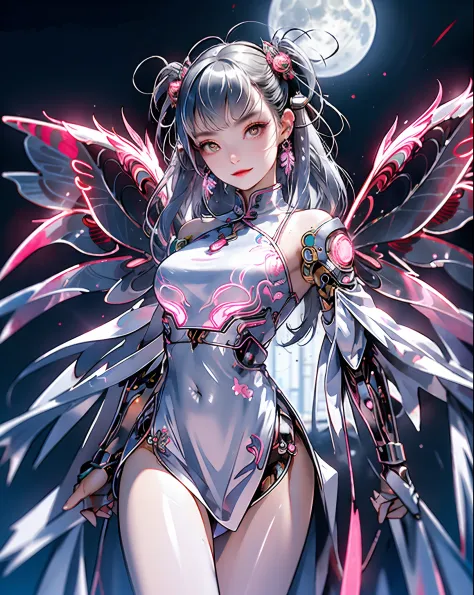 1 girl, Chinese_Clothes, liquid silver and pink, cyberhan, Cheongsam, (wings:1.4), Cyberpunk City, Dynamic Pose, glowing headpho...