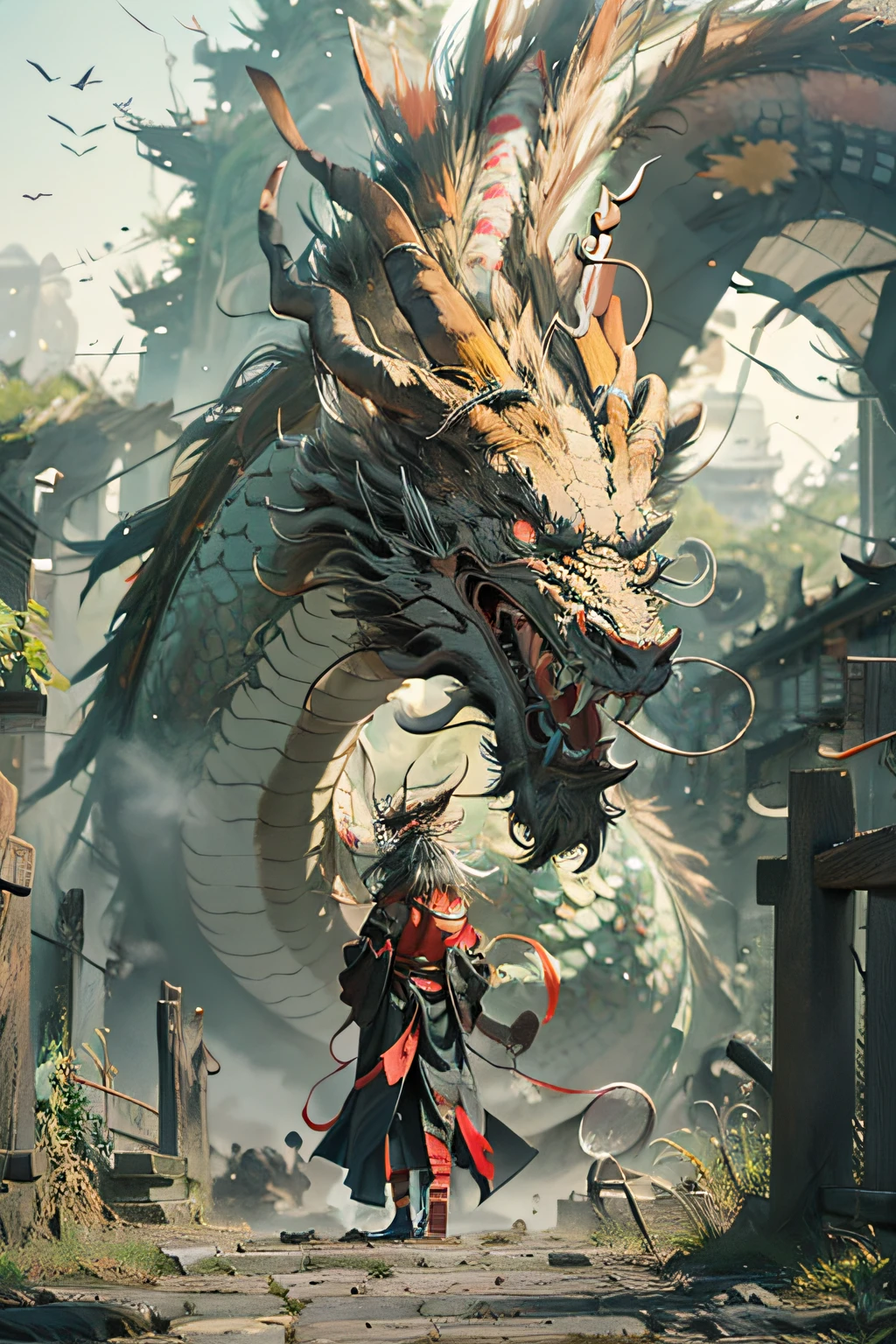 Um dragão chinês com cabeça de pássaro，arquitetura antiga，frente de corpo inteiro
