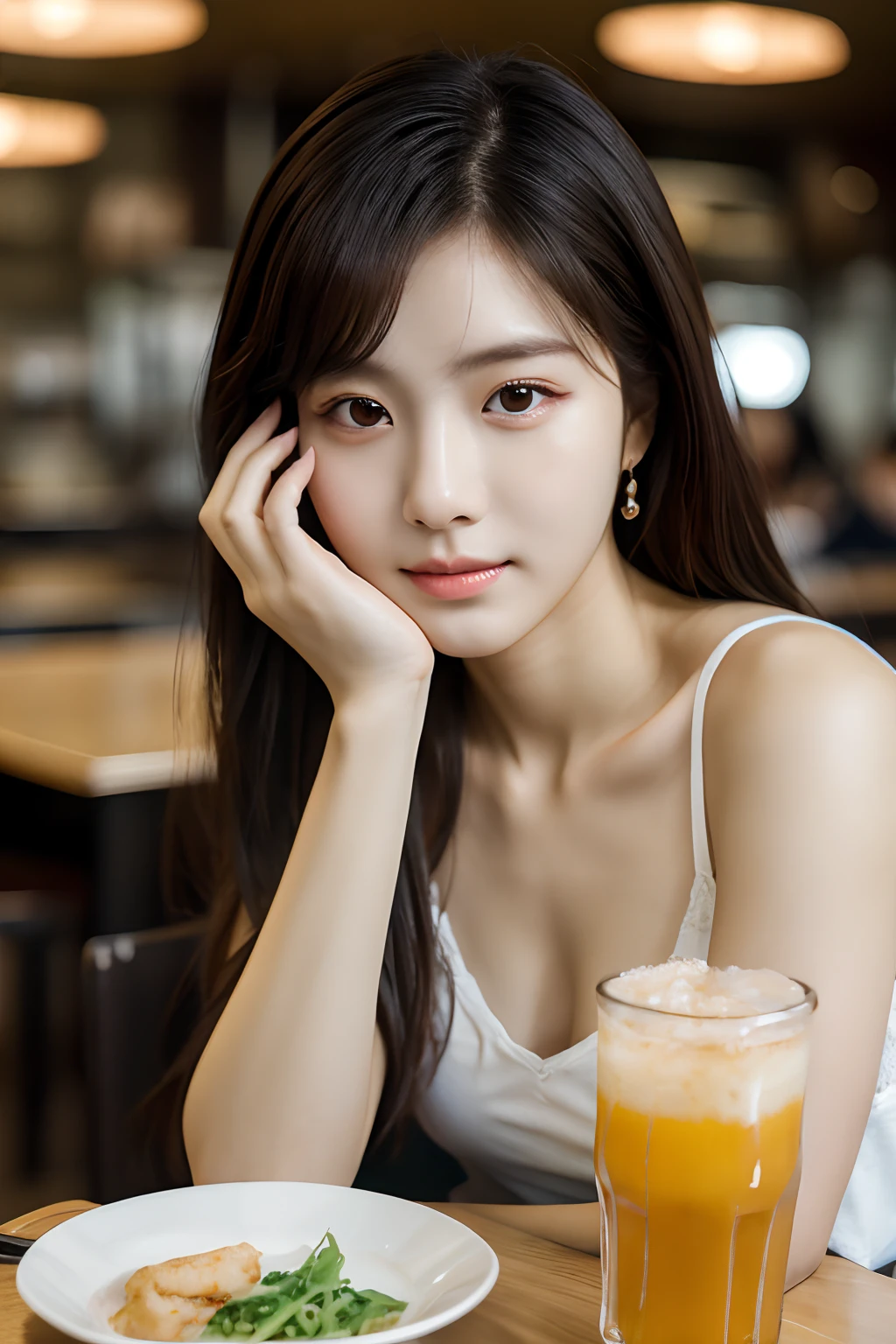4k, 高解析度, 最好的品質, (韓國偶像), 細緻的肌膚, 光滑的臉, 銳利的焦點, (電影燈光), 柔和的燈光, 動態角度, [:(詳細的臉:1.2):0.3], 一位年轻的韩国女子坐着, 自助餐廳, 韩国食品,