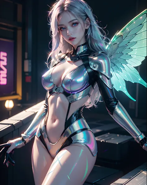 Rainbow Mechanical Girl
Mechanical body,metal body,reflective surfaces,holographic projectors
Character themes,female android,beautiful detailed eyes,beautiful detailed lips,extremely detailed face,longeyelashes,silver hair,glowing neon lights，fantasy outf...