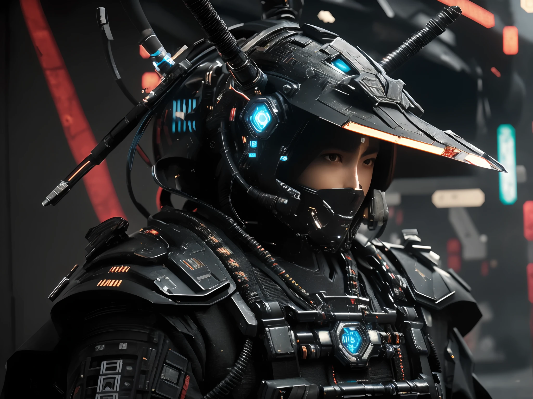 "soldat cyberpunk avec un casque et un équipement futuriste, soldat cyberpunk avec un casque et des lumières, soldat cyberpunk avec des vêtements et un casque futuristes, samouraï cyberpunk très détaillé, armée impériale cyberpunk, Style cyberpunk ultra réaliste, soldat de science-fiction, portrait d&#39;un samouraï cyberpunk, fille soldat futuriste en armure militaire. (Meilleure qualité, haute résolution, HDR), art futuriste cyberpunk, couleurs vives, Éclairage dramatique."