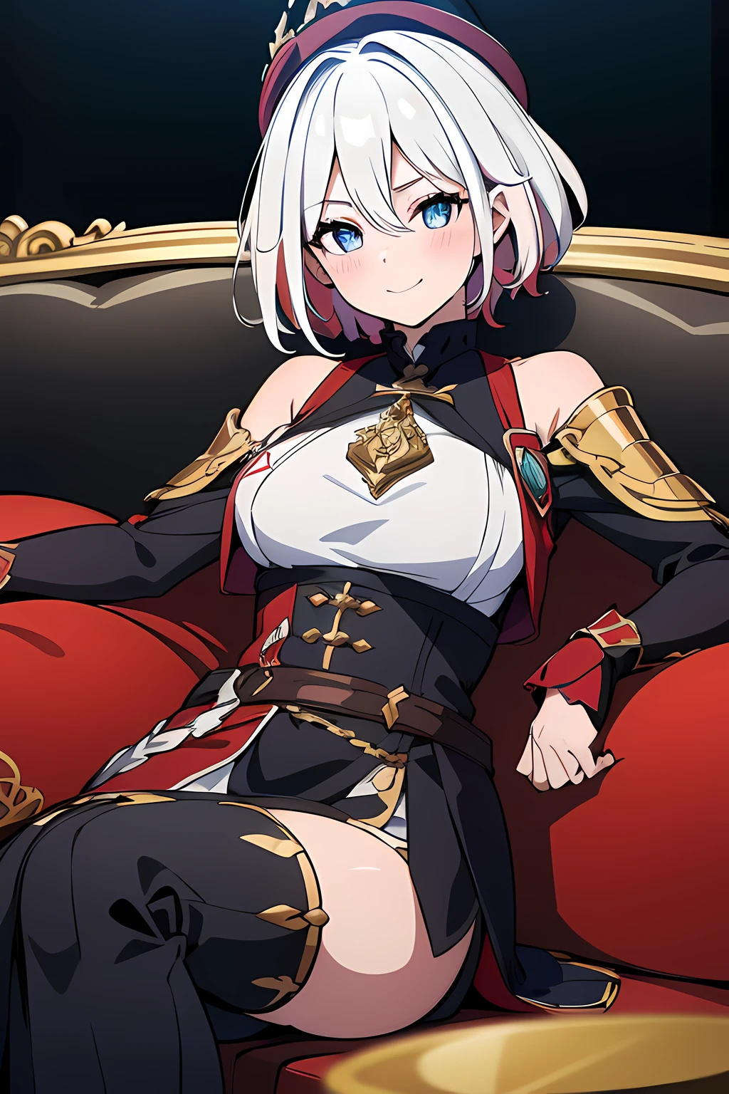 1 girl (wear witch hat), beautiful eyes finely detailed, (two tone hair color (red and white), long hair, tipsy smile, drunken, blush on her face, wearing armor, finely detailed black and white armor, cinematic lighting, intricate filigree metal design, laying her back on sofa, middle ages style bedroom, full body, anime best girl, masterpiece sidelighting, night time, ​masterpiece, top-quality, detailed, High resolution illustration