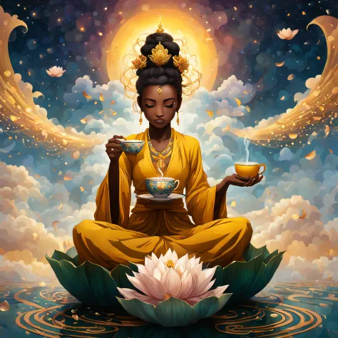 A being, radiating warmth and wisdom, gently sips hot tea from a delicate cup, sitting atop a flying lotus. As the lotus floats ...