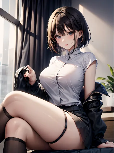 white  shirt、a black skirt、28-year-old woman、s lips:A sexy、Hair color: Dark brown、Slim and soft，Translucent skin， the skin is fair and juicy,（ （hairstyle on）Brown Extra Short Haircut、（Basic Information）pleasured expression、Moist eyes、Knee-high stockings、Ge...