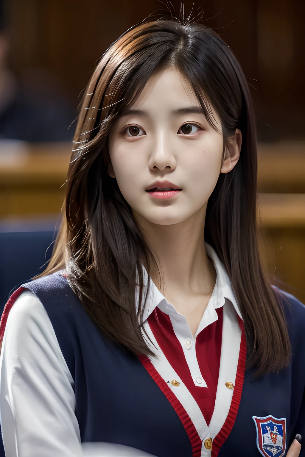 4k, high-res, best quality, (Korean idol), finely detailed skin, smooth face, sharp focus, (cinematic lighting), soft lighting, dynamic angle, [:(detailed face:1.2):0.3], A young Korean woman attends a university lecture in a preppy uniform, skm_soyun