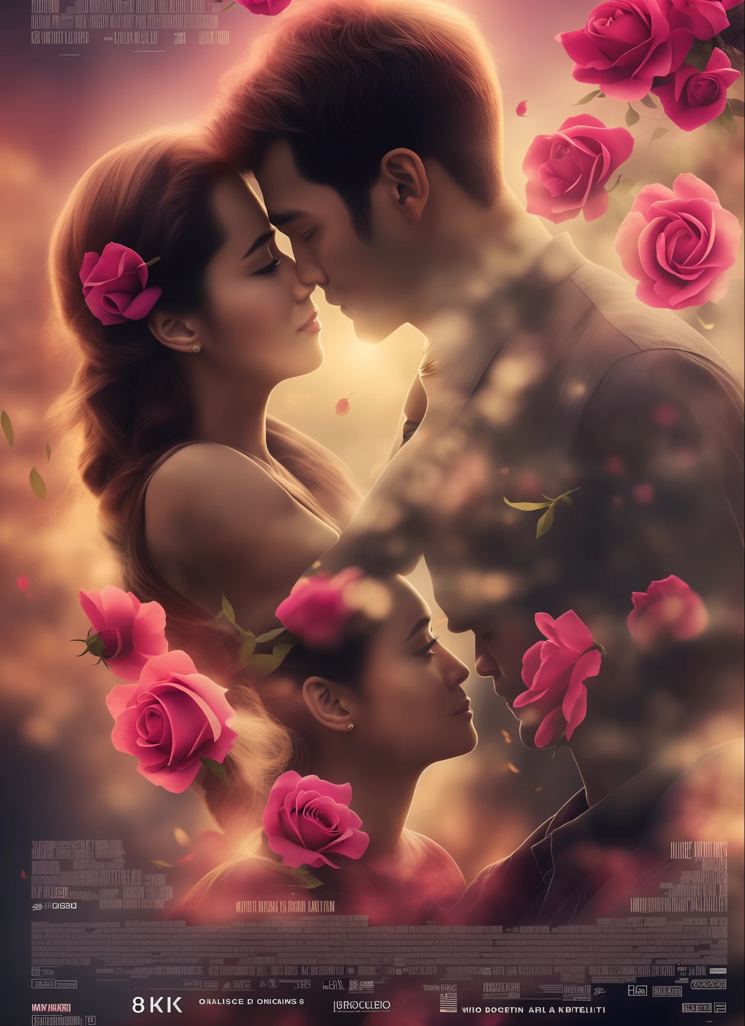 ** A movie poster with a striking title text, featuring a couple kissing in the wind, delicate patterns, oriental elements, clean colors, a space with pink roses, soft lighting, a composition with an epic feel, and the highest quality in 8K resolution. --auto --s2