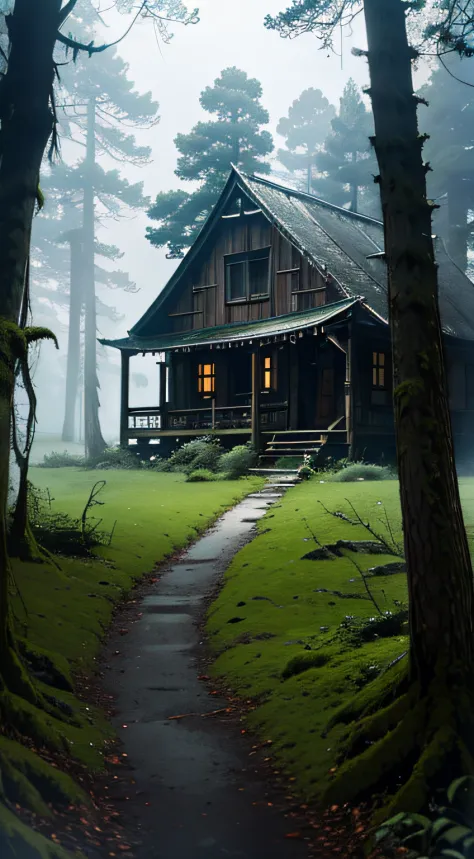 scenecy，(mont、(In the deep forest、Mossy)、Foggy、Disturbing atmosphere)、Farmhouse under big trees,Capture light and shadow, Artistry,