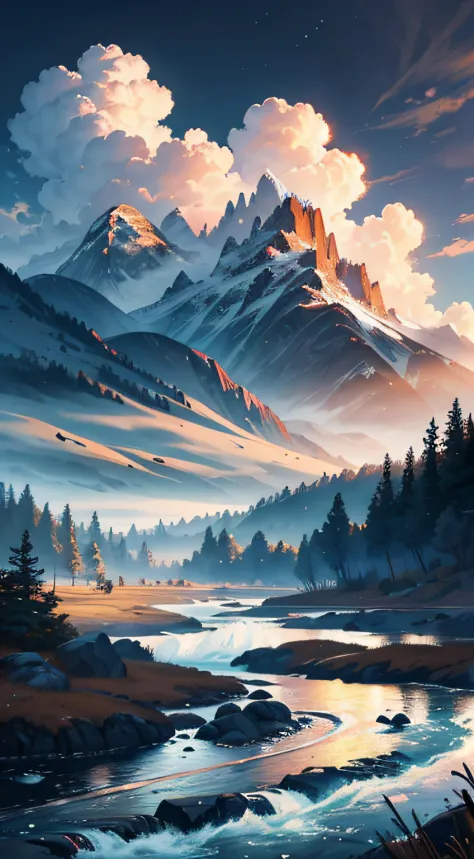 scenecy，Between mountains and rivers，surrounded by cloud、（Very detailed CG unity 8K wallpaper），Professional majestic oil painting，iintricate，high detal，sharp fokus，dramatics，Realistic painting art
