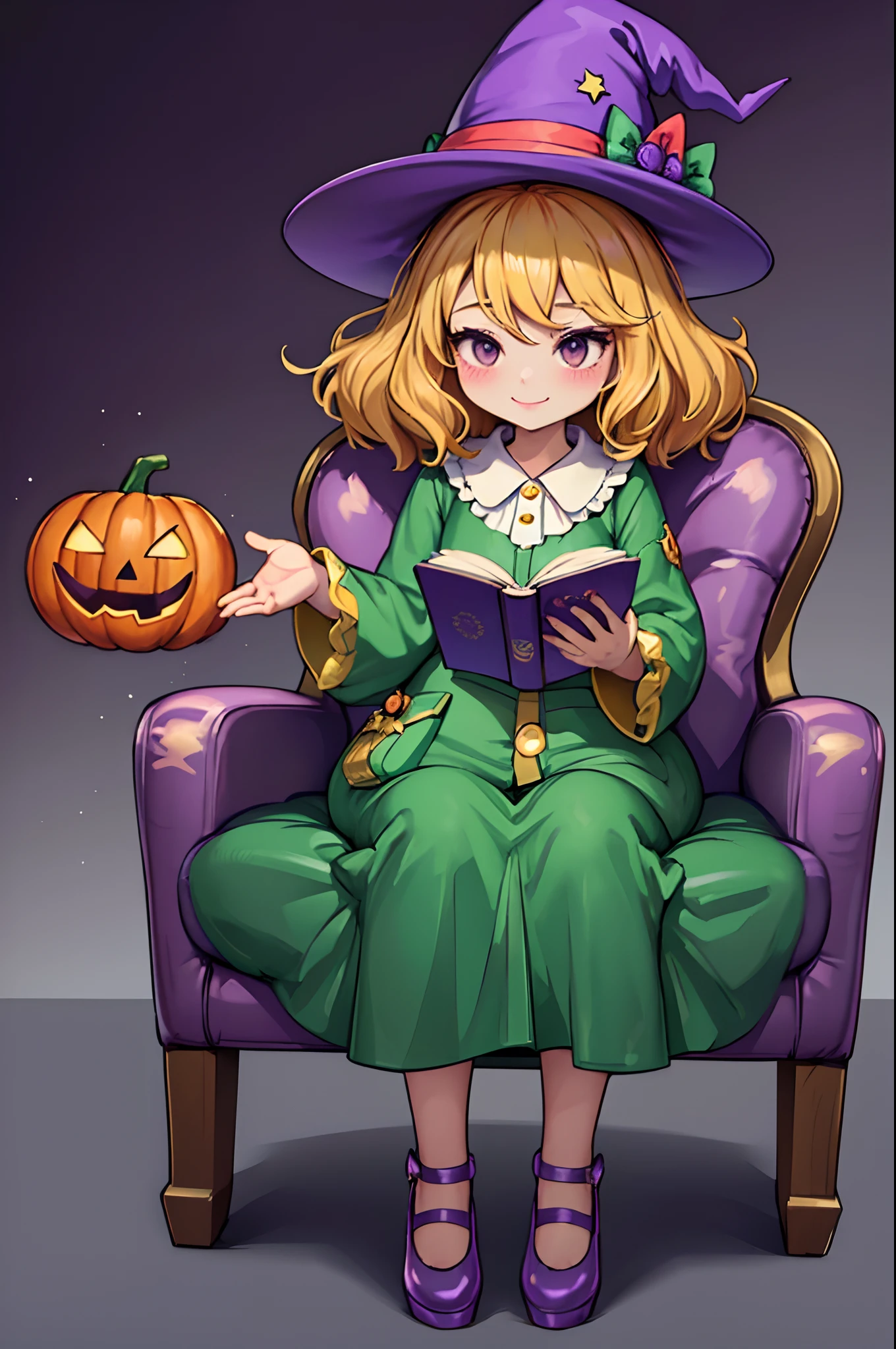 ((top-quality))、 ((​masterpiece))、Cute Halloween Theme、full body Esbian、A smile、 The Wand and the Magic Book、Glamorous Hat、Halloween Accessories、Draw clothes buttons and pockets in a Halloween style、Cute shoes、sit a chair、bio luminescent、radiant light