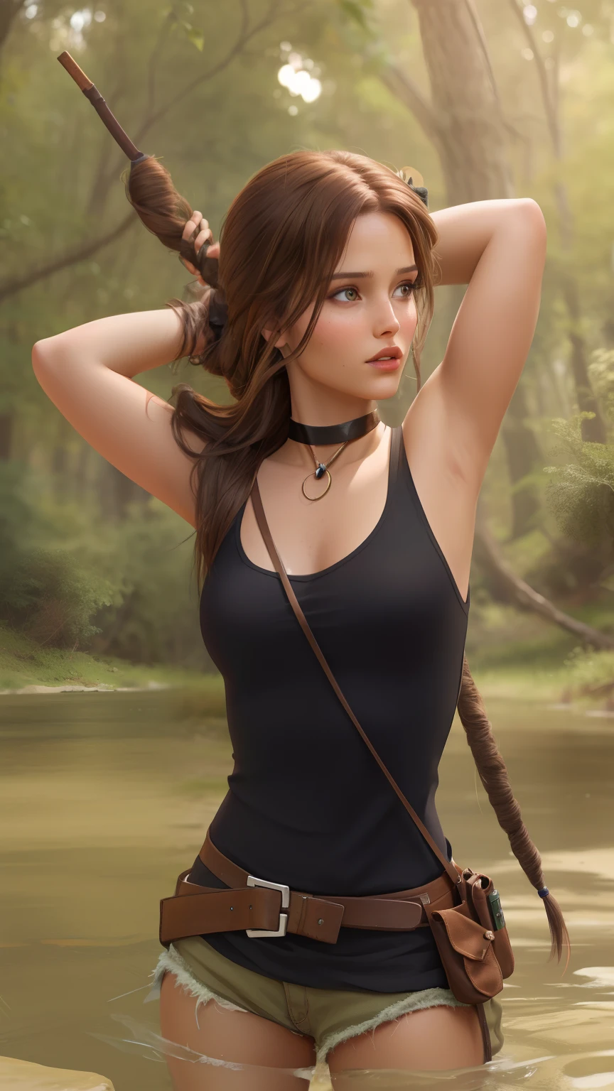 A woman in a black top and green shorts holding a stick - SeaArt AI