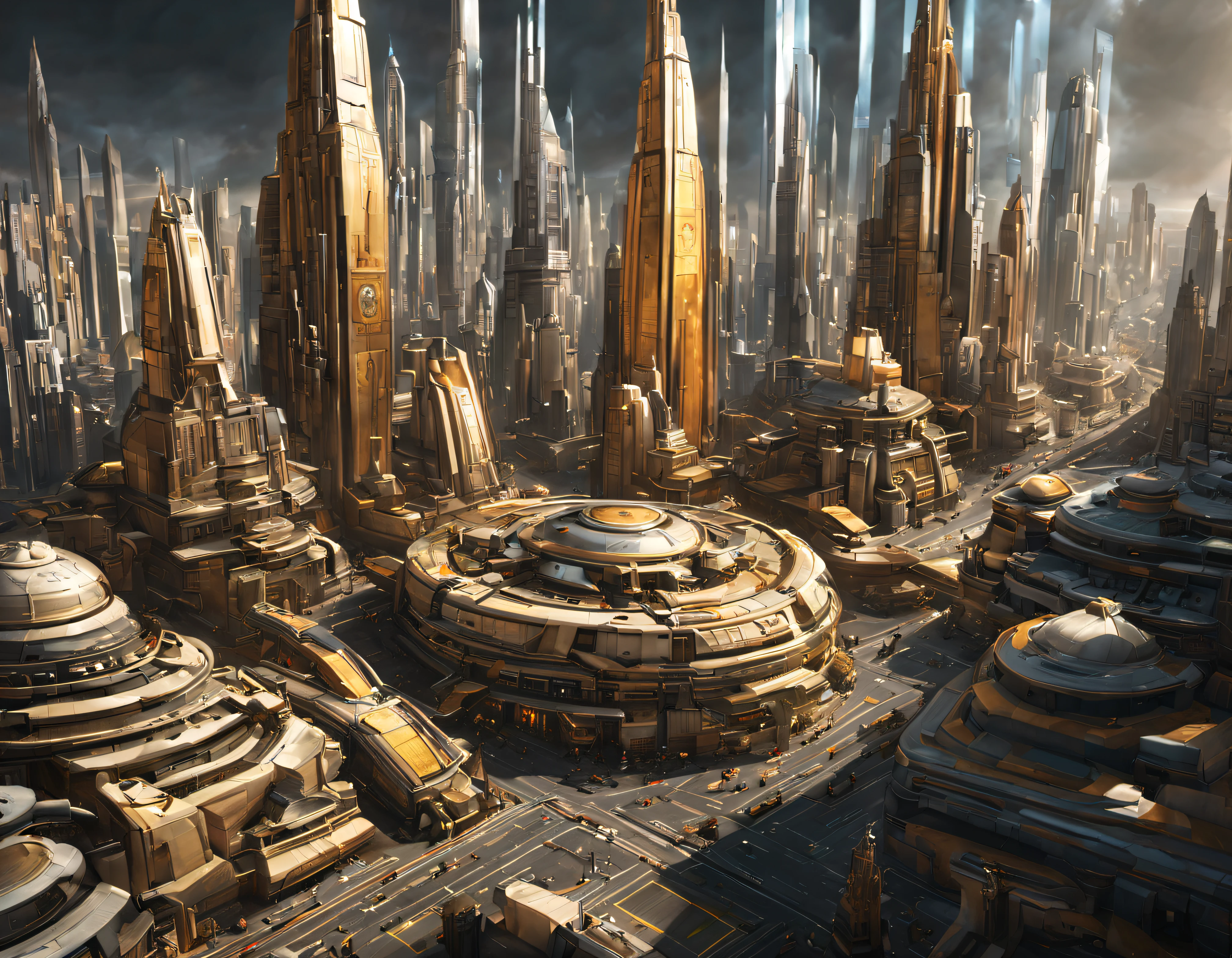 เมือง Coruscant จาก Star Wars ออกแบบโดย Doug Chiang, เมืองแฟนตาซีแห่งอนาคตพร้อมอาคารขนาดใหญ่ที่มีการออกแบบทางเทคโนโลยี (ที่เป็นหนทางอันไม่มีที่สิ้นสุด), อาคารอัดที่ไม่เบลอ, ด้วยโครงสร้างเคลือบสีเงิน, ทองคำและทองแดงที่งดงาม, (ด้วยสีสันสดใส). ทางเท้าที่มีแดด (น่าเบื่อ). คนกำลังเดิน. ภาพคมชัดดีมีอาคารหลายหลังรวมกัน. ภาพคมชัดระดับ 8k ชัดเจน. อาคารสูงจนไปถึงด้านหลัง.,8k. ภาพภาพยนตร์. บรรยากาศแดดจัดสีเหลืองอมส้ม. (รายละเอียดที่ซับซ้อนของเครื่อง).