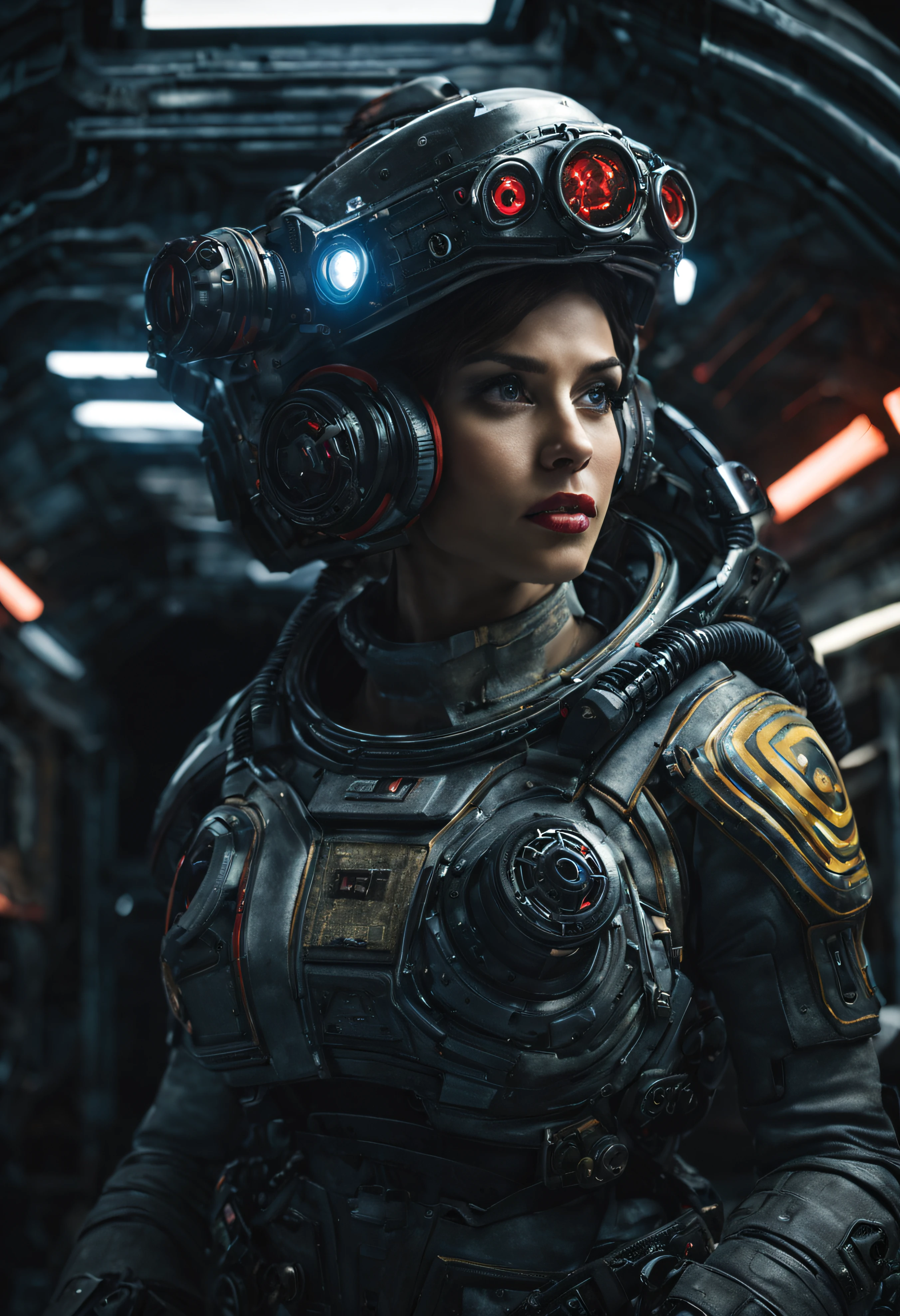 mulher alienígena extraterrestre, Considerada uma das raças mais bonitas da galáxia, com um rosto, olhos e lábios sensuais, vestido com uniforme sexy de Gears of War, ((Ele está localizado no centro de controle da estação espacial)). hiperrealista, imagen nitida, 8k. imagen cinematografica. (detalhes intrincados da máquina), (obra-prima de alta qualidade).