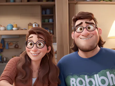 desenho estilo Pixar de um casal, mulher pequena de cabelos ruivos longos e cacheados, homem jovem grande pele clara e rosto arredondado de cabelo curto castanho claro e pouca barba  os dois sorrindo
