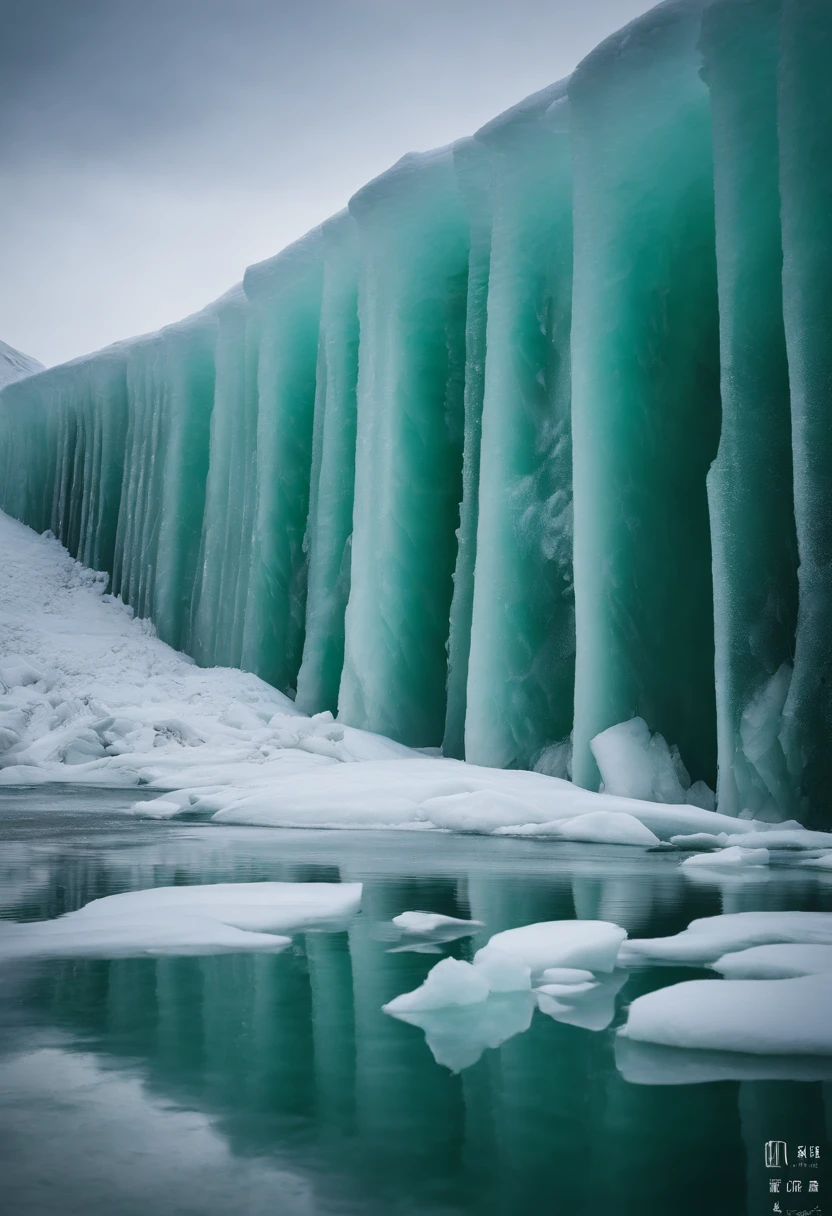 A close up of a large ice wall with ice on the ground - SeaArt AI